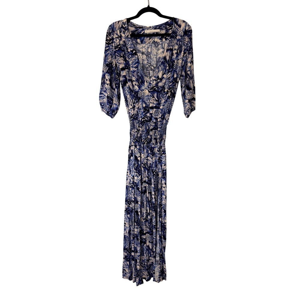 STILLWATER Women XS Blue White Abstract Print Maxi Dress V Neck Smocked Waist‎